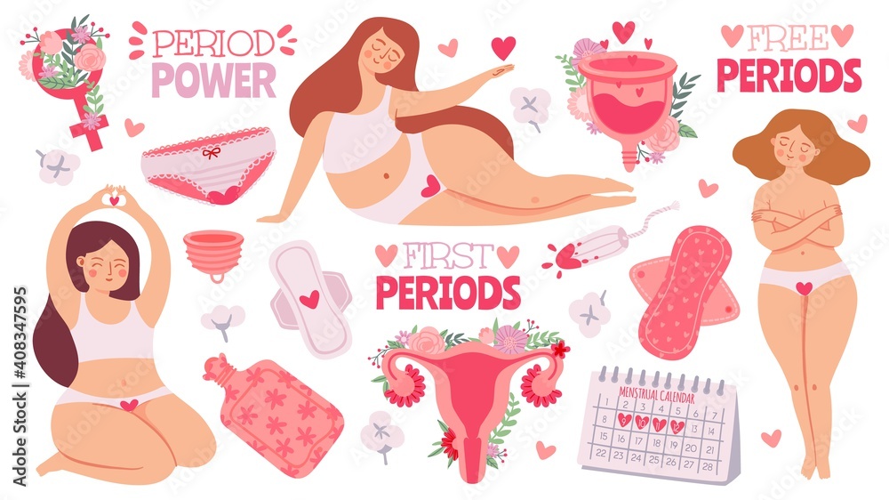 Female menstruation. Women with period and hygiene product tampon, sanitary pads and menstrual cup. Cartoon womb, vector set. Menstruation first period, menstrual accessory tampon illustration - obrazy, fototapety, plakaty 