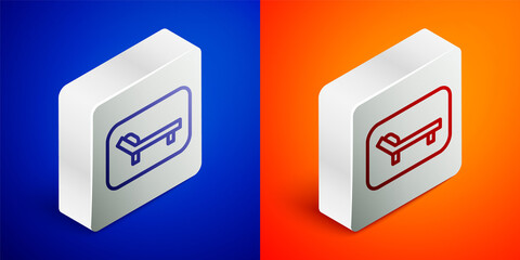 Wall Mural - Isometric line Sunbed icon isolated on blue and orange background. Sun lounger. Silver square button. Vector.