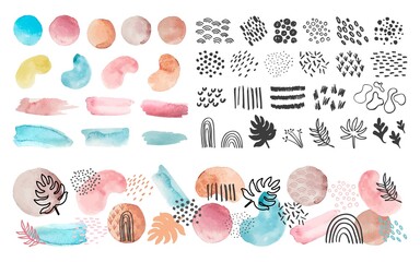 Wall Mural - Watercolor shapes, lines and patterns. Abstract art splashes and brush strokes. Trendy paint texture, dots and leaf vector set. Illustration watercolor print contemporary, graphic stroke and form