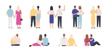 Couple back view. Couples hugging, standing and sitting together, holding hands. Man and woman on date. Young people relationship vector set. Illustration couple young standing back together