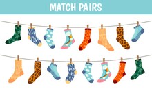 Matching Socks Game. Puzzle Find Pair. Preschool Children Educational Worksheet Activity. Socks On Laundry Rope. Match Sock Patterns Vector. Game Matching Sock, Match Different Illustration