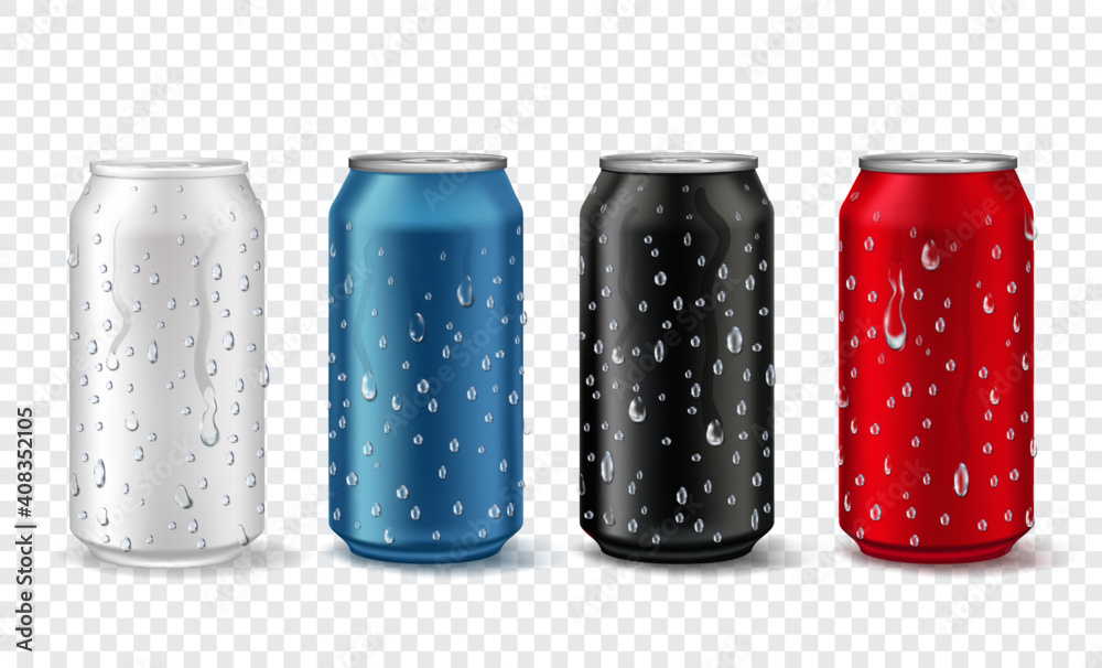 Metal cans with drops. Realistic aluminium can mockup in white, red, blue and black color. Soda or beer package with condensation vector set. Illustration blank aluminum bank, metal package beer color - obrazy, fototapety, plakaty 