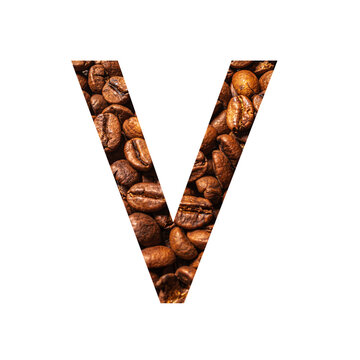 Letter V made from coffee beans isolated on white background.