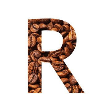 Letter R made from coffee beans isolated on white background.