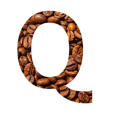 Letter Q made from coffee beans isolated on white background.