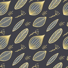 Wall Mural - Vector modern seamless pattern. Doodle images and flat icons with twigs, berries and leaves. Wrapping paper and background decoration.