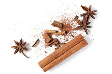 Star Anise And Cinnamon Stick Isolated On White Background, Top View 