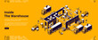 © klyaksun - Inside warehouse banner. Logistic infrastructure for storage, distribution and delivery cargo from factory. Vector landing page with isometric storehouse interior, trucks, drones and working people