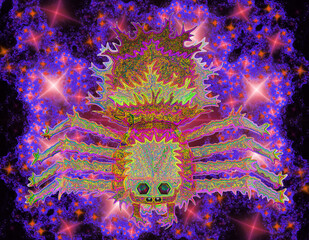 Unusual scary bright multicolor poisonous spider in bright magical background, 3d render