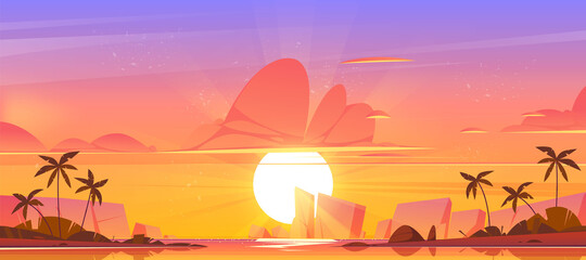 Wall Mural - Sunrise sky in ocean on tropical island, orange pink heaven with sun going up the sea with palm trees and rocks around. Beautiful nature landscape, shining Sol above water. Cartoon vector background