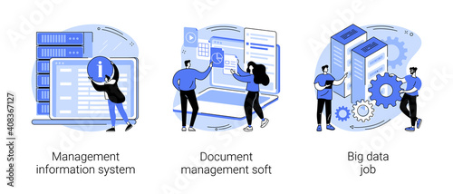 Information collection and analysis abstract concept vector illustration set. Management information system, document management soft, big data job, sharing online, visualization abstract metaphor. © Visual Generation