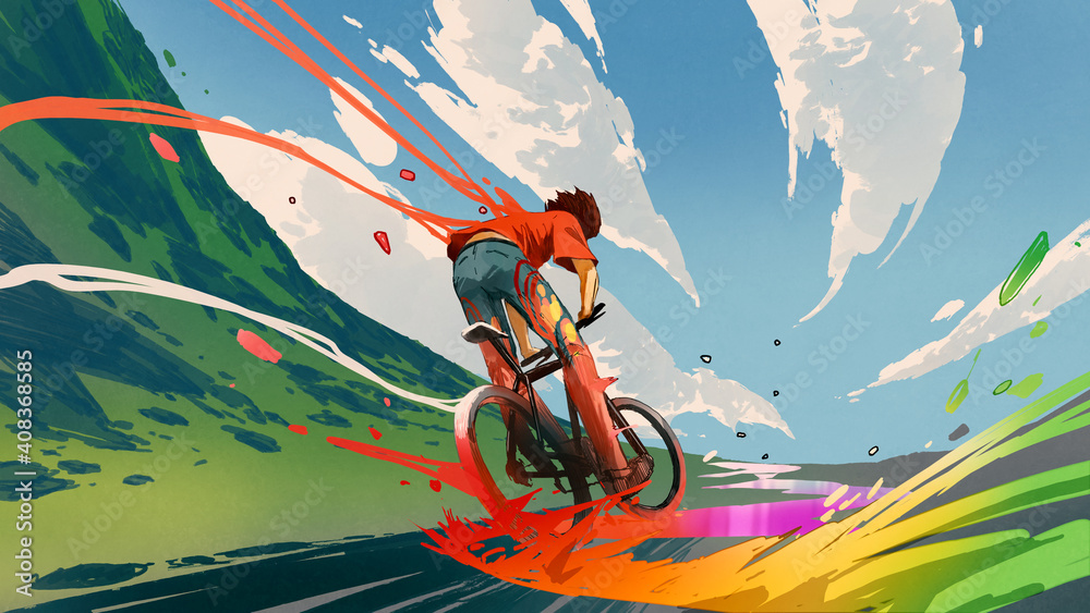 young man riding a bicycle with a colorful energy, digital art style, illustration painting - obrazy, fototapety, plakaty 