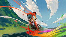 Young Man Riding A Bicycle With A Colorful Energy, Digital Art Style, Illustration Painting