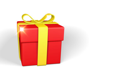 Wall Mural - Realistic red gift box with yellow bow and ribbon isolated on white background. Vector illustration