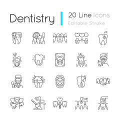 Wall Mural - Professional stomatology linear icons set. Dental procedures. Caries treatment. Family orthodontics. Customizable thin line contour symbols. Isolated vector outline illustrations. Editable stroke