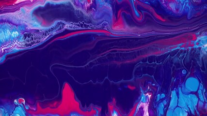 Wall Mural - Fluid art painting video, trendy acryl texture with flowing effect. Liquid paint mixing backdrop with splash and swirl. Detailed background motion with purple, pink and navy blue overflowing colors