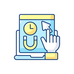 Sticker - Engagement rate RGB color icon. Shows how long a person stays on your web page. Time spent viewing content on site. Isolated vector illustration