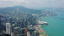 Sunny Day Hong Kong Cityscape Downtown Wan Chai District Bay Aerial Panorama 4k