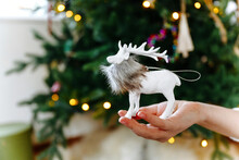 Close-up Of Girl's Hand Holding Christmas Deer Toy