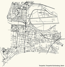 Black Simple Detailed City Street Roads Map Plan On Vintage Beige Background Of The Neighbourhood Tempelhof Locality Of The Tempelhof-Schöneberg Of Borough Of Berlin, Germany
