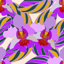 Seamless Pattern Of Striped Colored Leaves And Orchids Vanda Miss Joaquim. Template For Printing On Textiles, Fabric, Bedding, Wrapping Paper, Covers, Wallpaper, Coloring Pages. Vector Illustration.