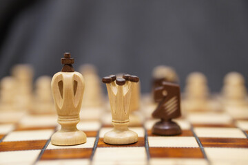 Poster - Closeup shot of a chessboard with the focus on a white's queen and ki