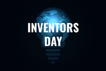 Inventors Day Banner, Poster, Flyer.  Space Background With Earth Planet And Incandescent Lamp. Vector Illustration