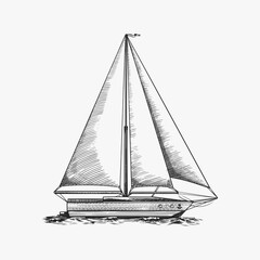 Sailboat in the sea, summer adventure, active vacation. Seagoing vessel, marine ship or nautical caravel. Water transport in the ocean for sailor and captain. Engraved hand drawn in vintage style.