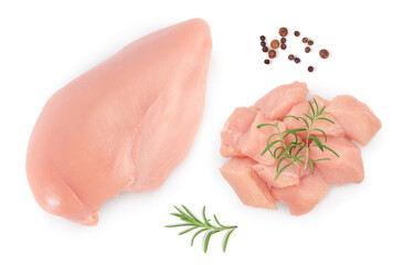 Fresh chicken fillet with rosemary isolated on white background. Top view. Flat lay