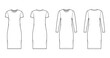 Set of T-shirt dresses technical fashion illustration with crew neck, long and short sleeves, knee length, oversized, Pencil fullness. Flat template front back white color. Women men unisex CAD mockup