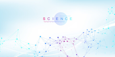 Poster - Big Genomic Data Visualization. DNA helix, DNA strand, DNA Test. CRISPR CAS9 - Genetic engineering. Molecule or atom, neurons. Abstract structure for Science or medical background, banner. Wave flow.