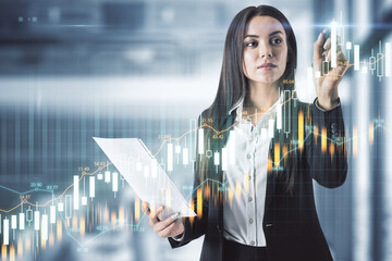 Aufkleber - Businesswoman in suit drawing stock analytics interface