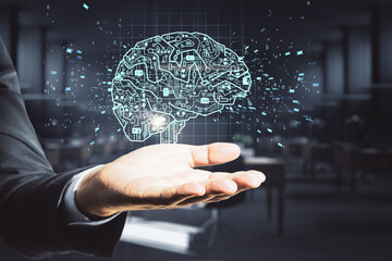 Poster - Hand holding glowing circuit brain hologram