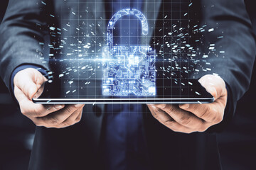 Poster - Businessman holding tablet with glowing digital padlock interface.