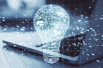 Poster - Laptop with glowing circuit lightbulb hologram.