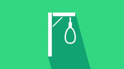 Sticker - White Gallows rope loop hanging icon isolated on green background. Rope tied into noose. Suicide, hanging or lynching. 4K Video motion graphic animation