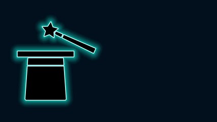 Sticker - Glowing neon line Magic hat and wand icon isolated on black background. Magic trick. Mystery entertainment concept. 4K Video motion graphic animation