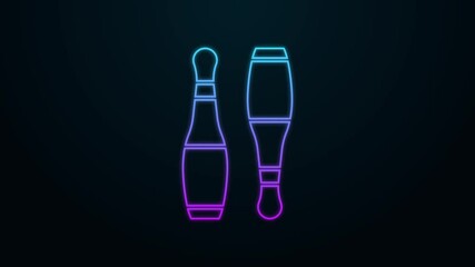 Sticker - Glowing neon line Bowling pin icon isolated on black background. Juggling clubs, circus skittles. 4K Video motion graphic animation