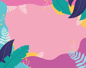 colorful frame of tropical leaves over pink background
