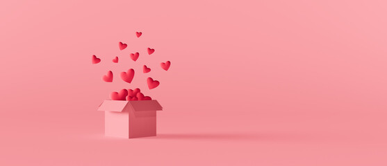 Red hearts come out of the box. Valentine's day concept on pink background 3d render 3d illustration