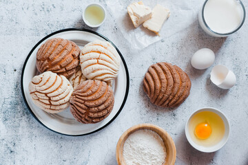 concha mexican bread, Ingredients for baking traditional conchas in Mexico