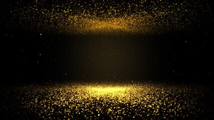 Wall Mural - gold particles abstract background with shining golden floor particles stars dust. Futuristic glittering fly movement flickering loop in space on black background.	