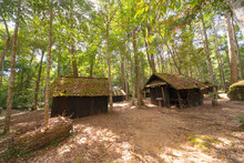 Abandoned Hut Cottage Political Military School, Phu Hin Rong Kla National Park, Phitsanulok, Thailand. Historical And Natural Training And Education School In A Dense Jungle Trees.