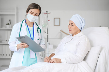 Poster - Doctor telling news to mature woman after chemotherapy in clinic