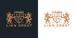 Luxury Lion crest heraldry logo. Elegant gold heraldic shield icon. Premium coat of arms brand identity emblem. Royal company label symbol. Modern vector illustration.