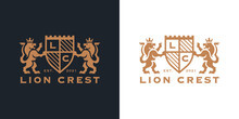 Luxury Lion Crest Heraldry Logo. Elegant Gold Heraldic Shield Icon. Premium Coat Of Arms Brand Identity Emblem. Royal Company Label Symbol. Modern Vector Illustration.