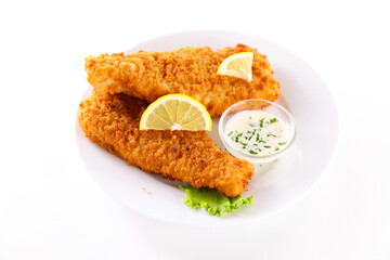 Wall Mural - crispy breaded fish with sauce  isolated on white background