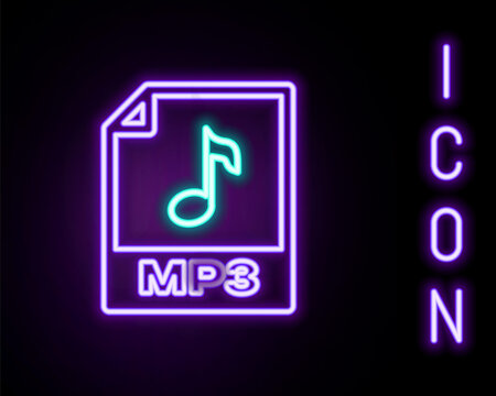 Glowing neon line MP3 file document. Download mp3 button icon isolated on black background. Mp3 music format sign. MP3 file symbol. Colorful outline concept. Vector.