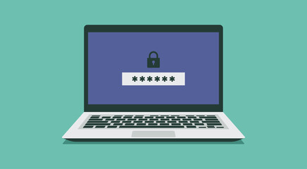 Poster - laptop computer with lock and password security access or verification code notification, vector fla