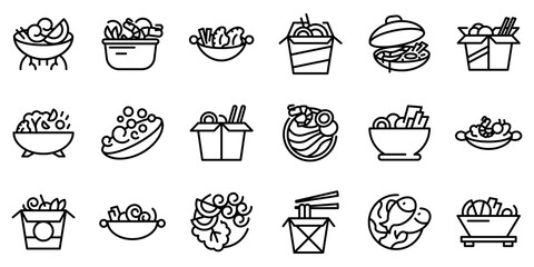 Poster - Wok menu icons set. Outline set of wok menu vector icons for web design isolated on white background